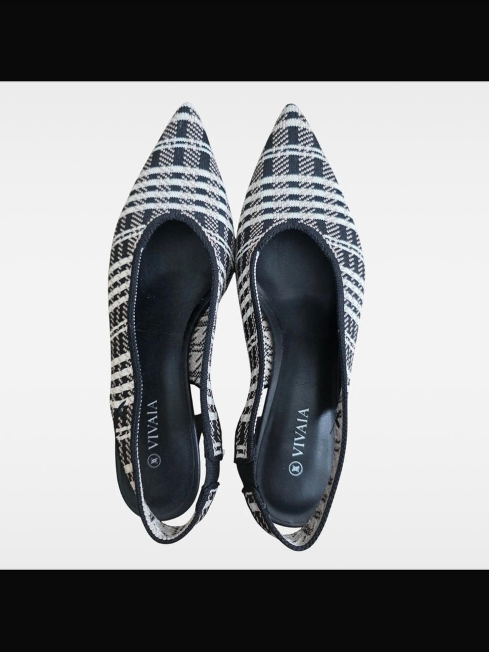 VIVAIA Black & White Plaid Pointed Slingback Flats